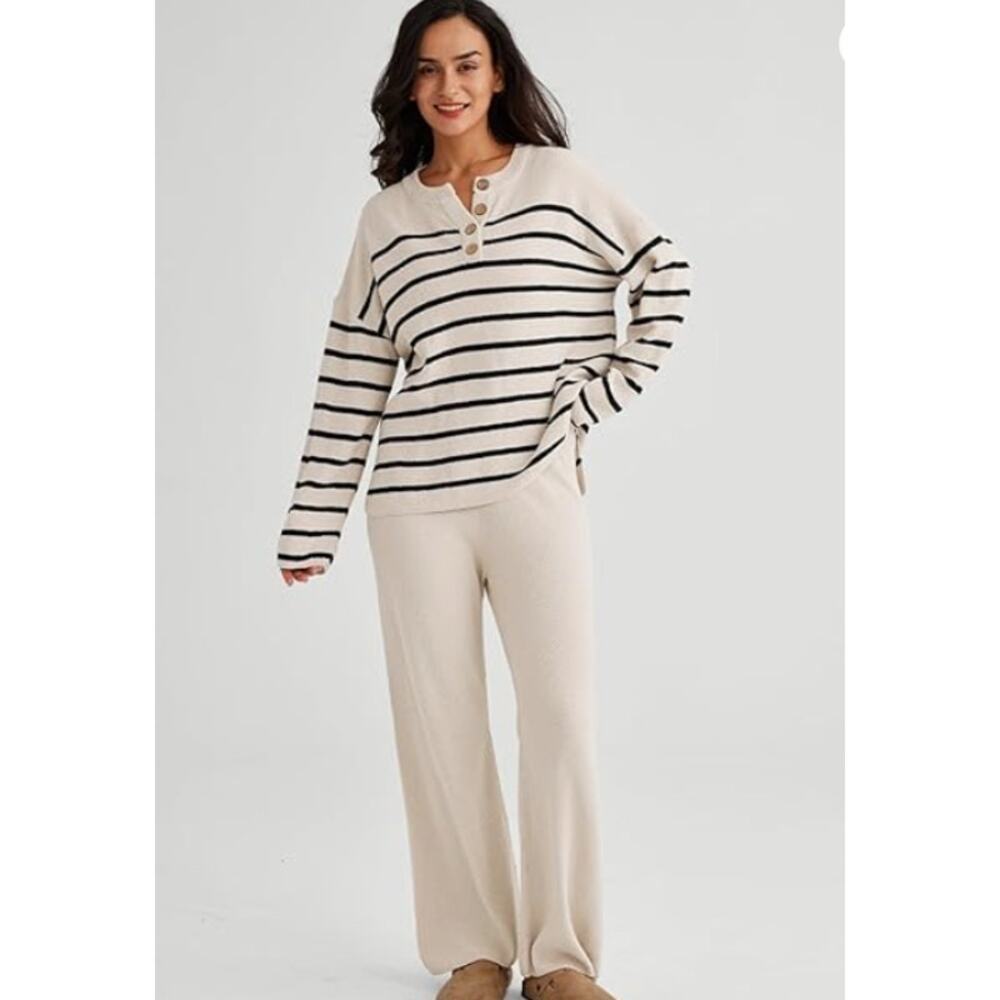 Lillusory Striped Henley Sweater XL Beige Black Oversized Knit Pullover
